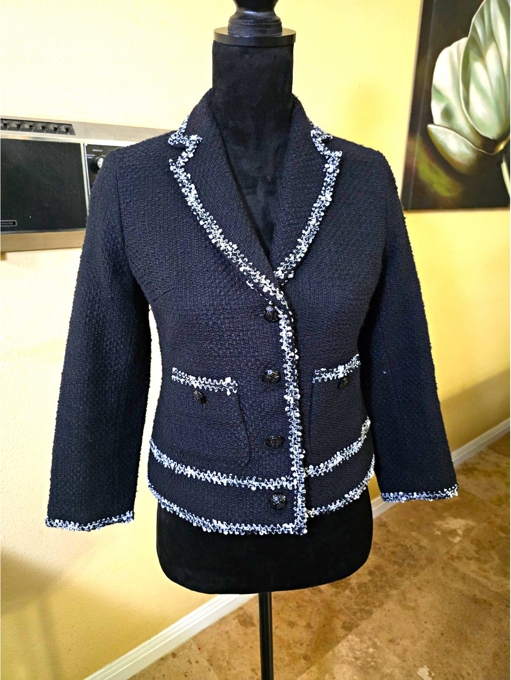 NWOT Talbots Black Cotton Tweed Fringe Trim Blazer Jacket Size 2P Petite